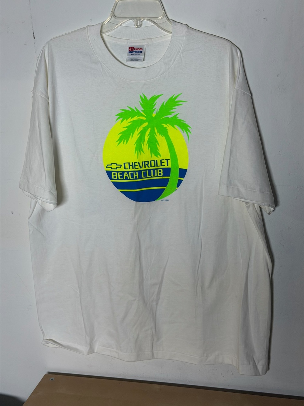 Vintage 1990 Chevrolet Beach Club T-Shirt Hanes Heavyweight Sz XL White Neon